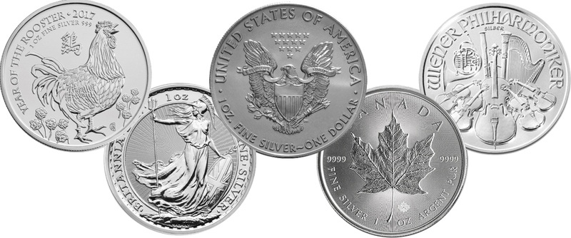 2017 1oz Silver Coin Set; Eagle, Maple, Brit, Phil, Rooster