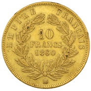 10 Francs Or 1860 Napoléon III Tête Nue BB