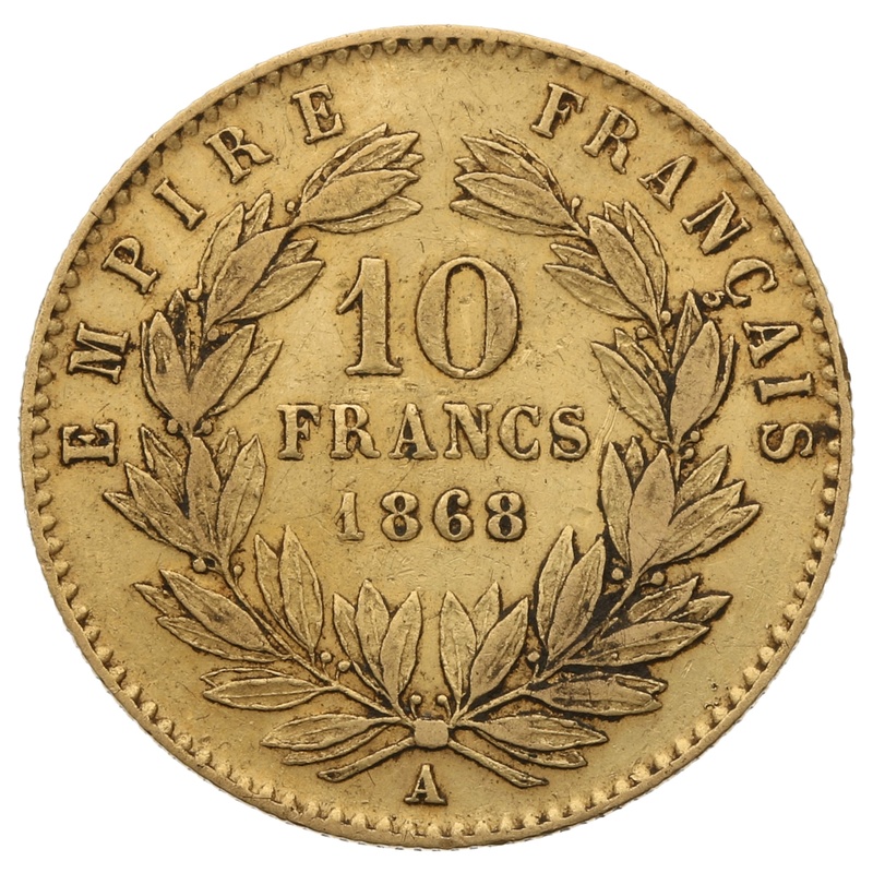 1868 10 French Francs Napoleon III Laureate Head – A