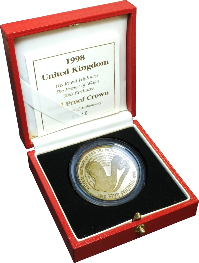 Pièce Quintuple Souverain Or 1998 Prince Charles 50 Ans en Boîte