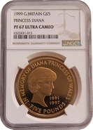 1999 - Couronne d'épreuve en or de 5 £, Diana Princess of Wales Memorial NGC PF67