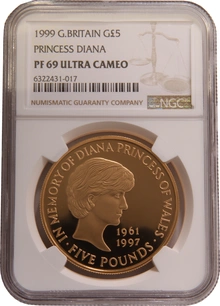1999 - Couronne d'épreuve en or de 5 £, Diana Princess of Wales Memorial NGC PF69