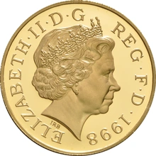 Pièce Quintuple Souverain Or 1998 Prince Charles 50 Ans en Boîte