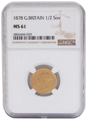 Pièce Demi Souverain Or 1878 Victoria Tête Jeune Revers Armoiries Londres NGC MS61