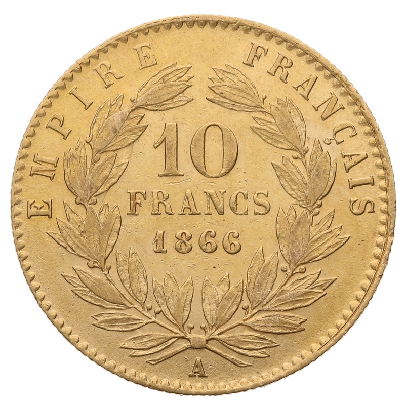 1866 10 French Francs Napoleon III Laureate Head – A
