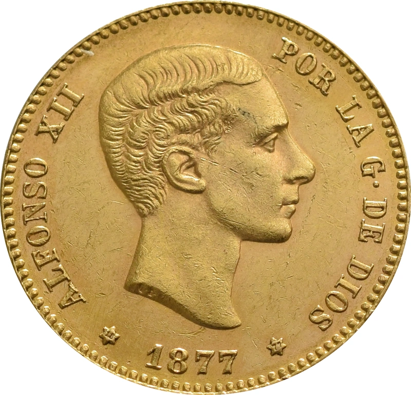 Pièce 25 Pesetas Or Espagnol Alfonso XII Tête Jeune