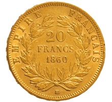 Pièce 20 Francs Or Napoléon III Tête Nue 1860 BB